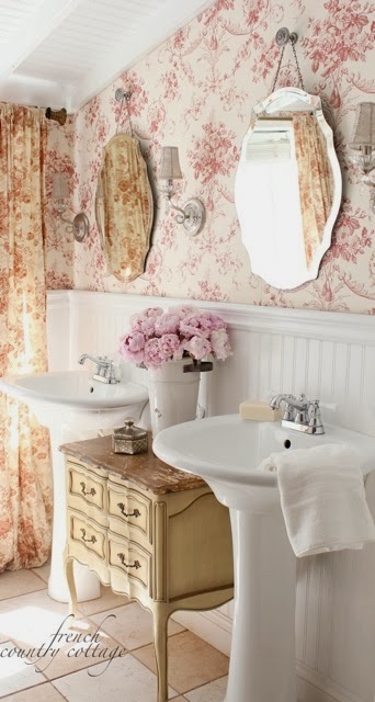 Bathroom Vanity Set with Scalloped Mirrors Toile