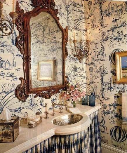 Bathroom Vanity with Checkered Skirt Blue Toile