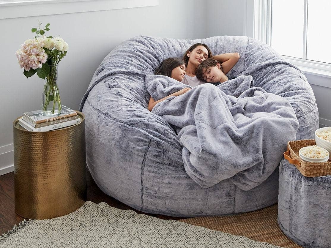 Bean Bag Chair: Gray Plush Hammered Gold Side Table