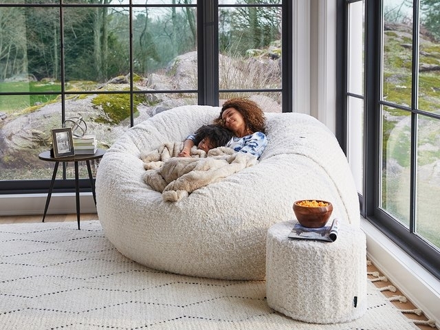 Bean Bag Chair: High Pile Textured Cream Floor Cushion