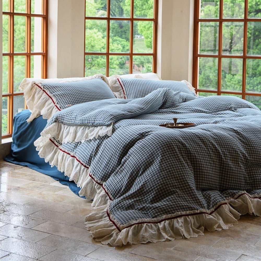 Bedding Bundle | Blue Check Eyelet Lace Ruffle Duvet