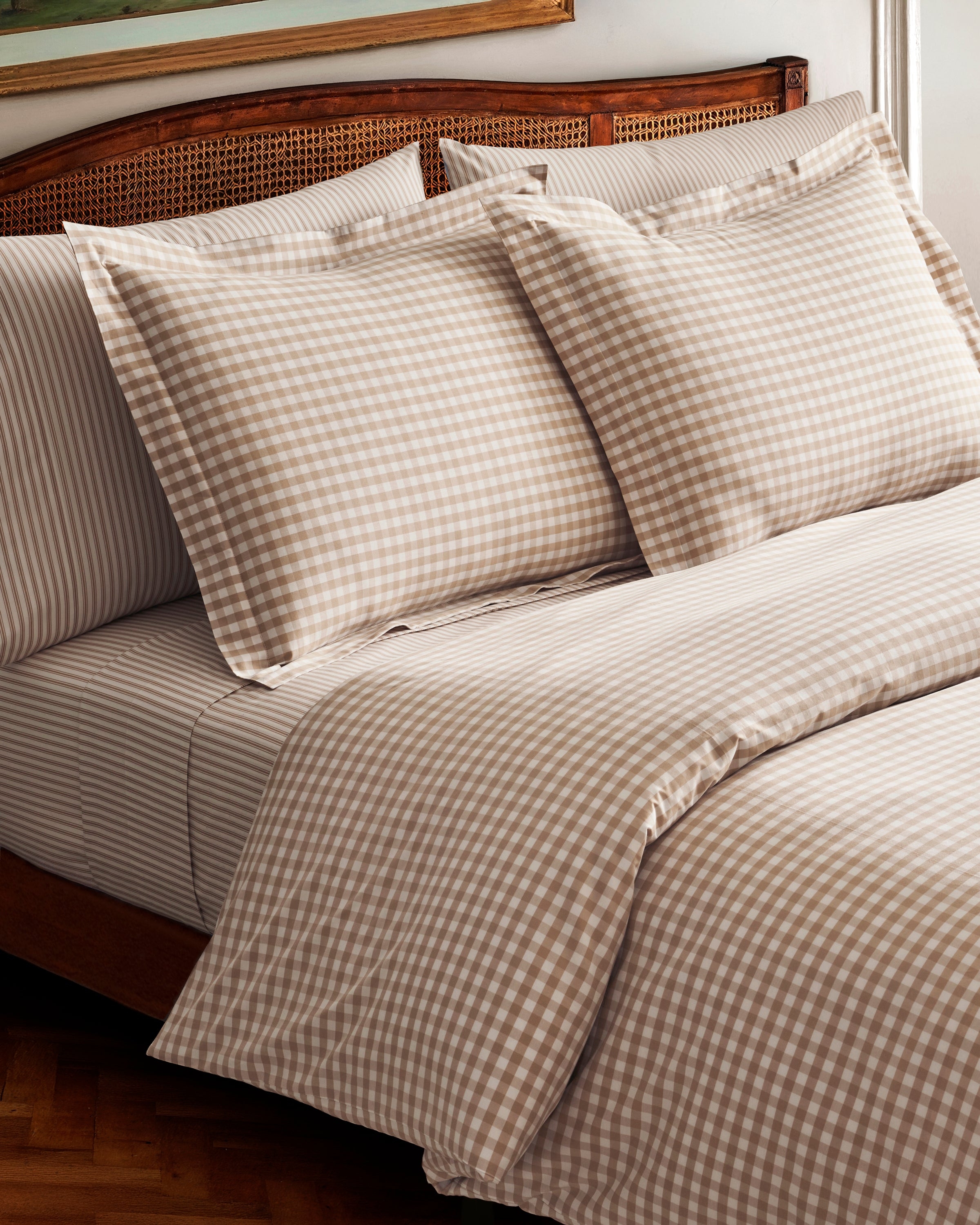 Bedding Set | Camel Mixed Gingham Ticking Cane Bed