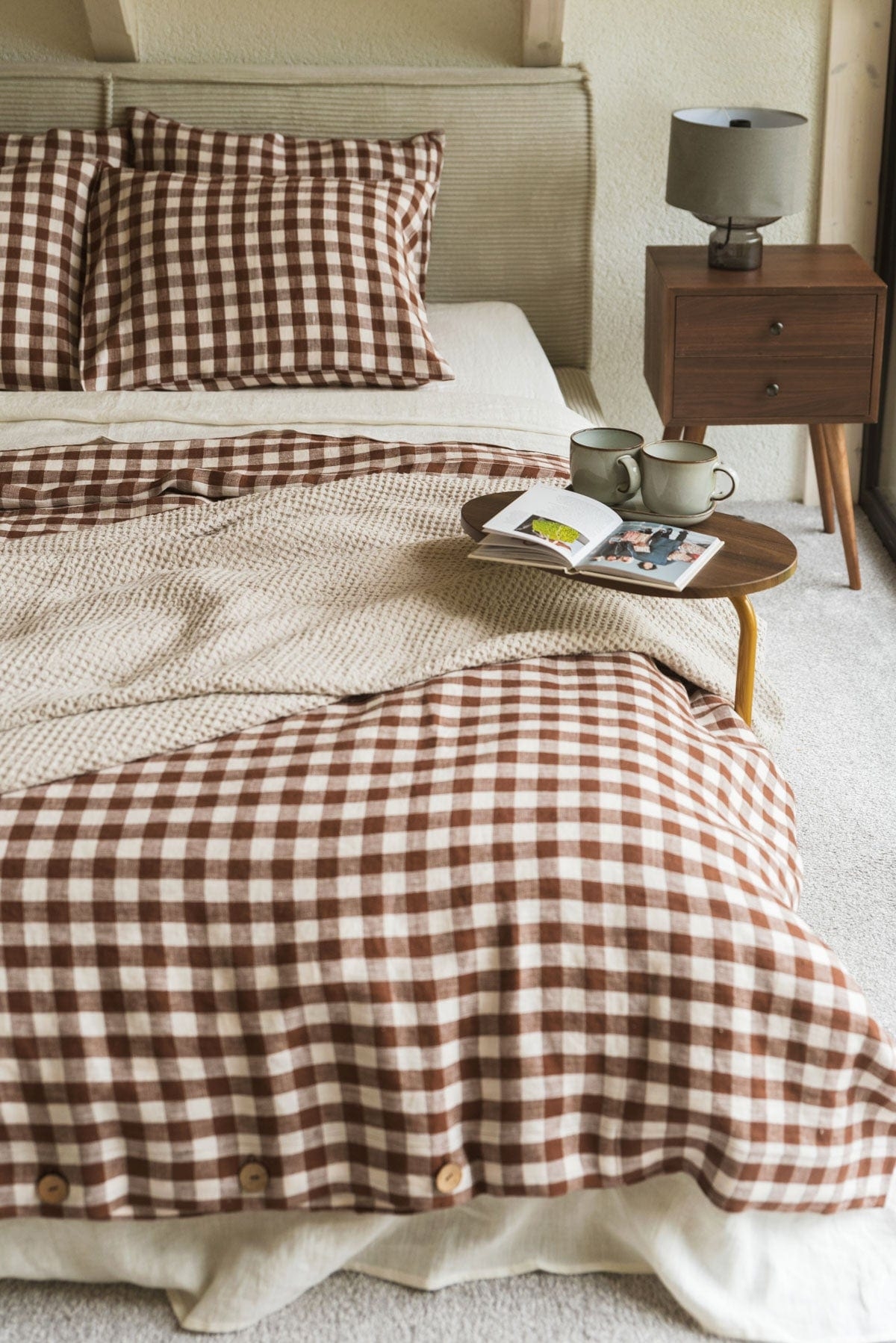 Bedding Set | Mocha Gingham Print Wooden Buttons