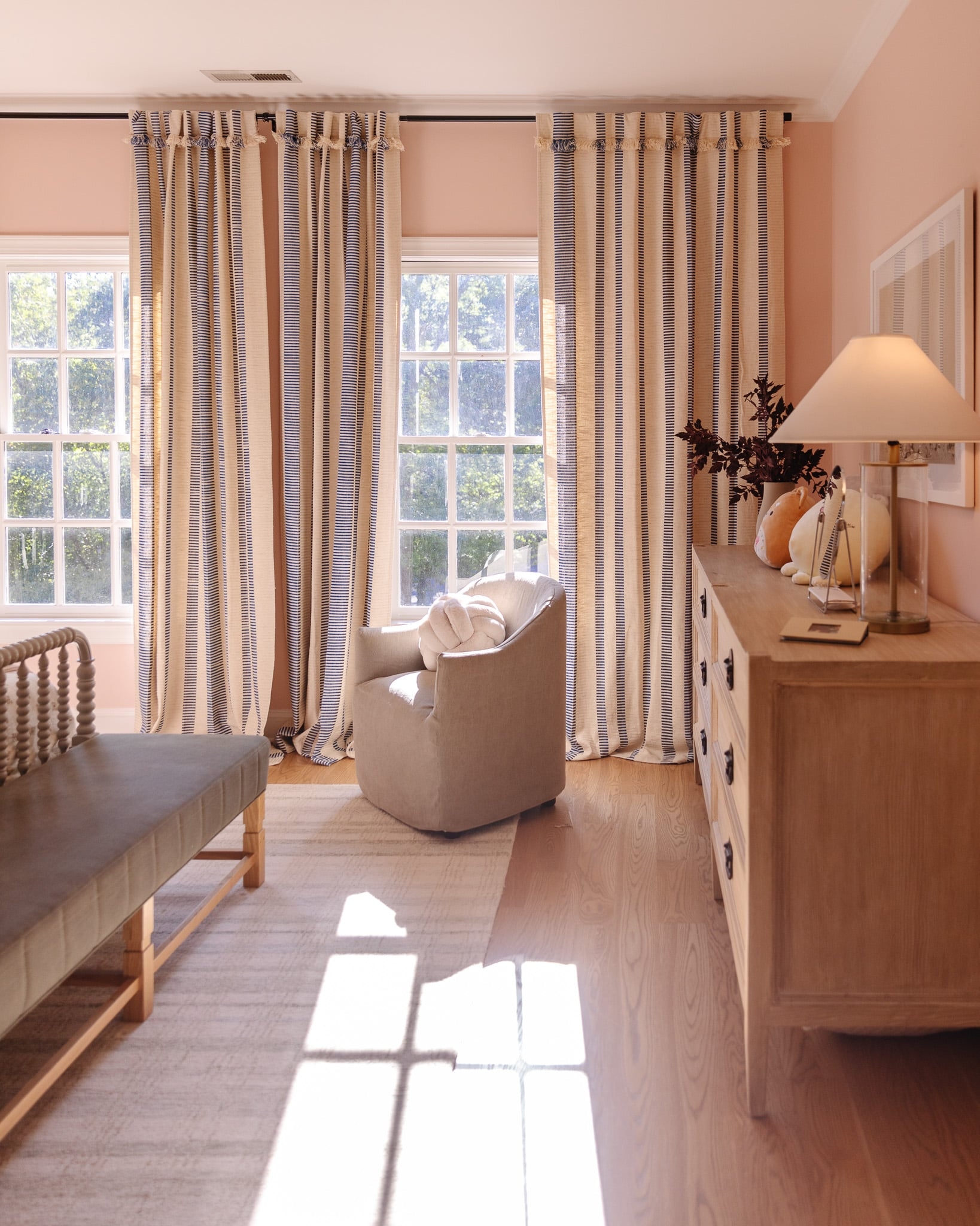 Bedroom Vignette: Tie Top Curtains Peach Wall Coastal Chic