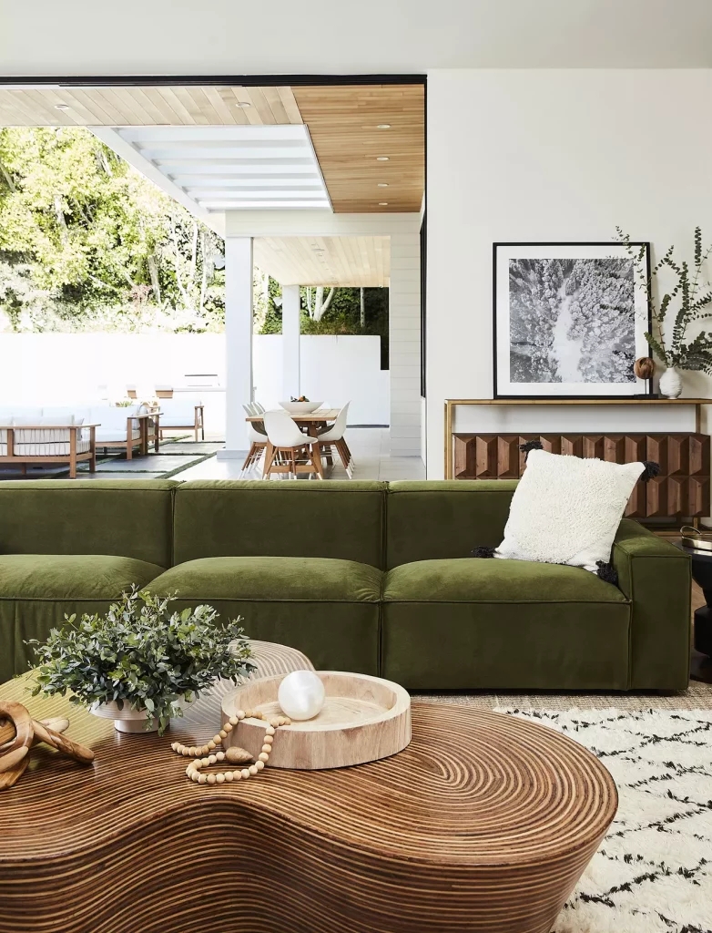 Biophilic Design Living Room featuring Low Profile Velvet Sofa