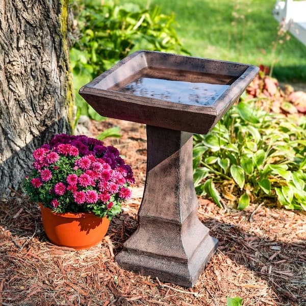 Birdbath with Square Basin and Tiered Concrete Base