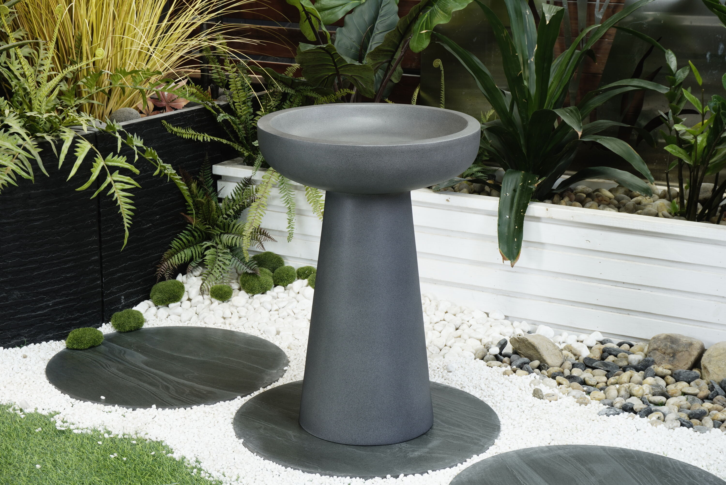 Birdbath with Tapered Pedestal in Charcoal Gray Matte