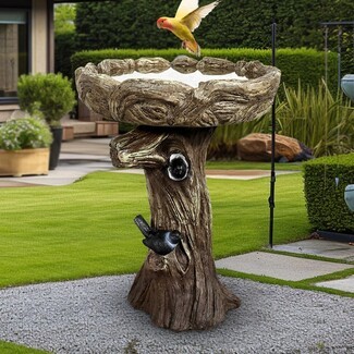 Birdbath with Tree Trunk Pedestal and Bird Sculpture