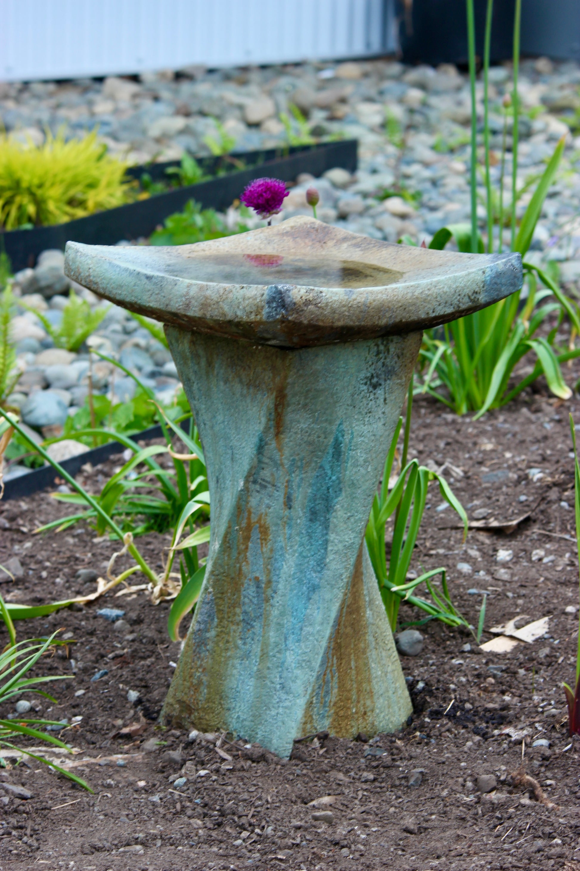 Birdbath with Twisted Pedestal and Verdigris Green
