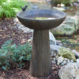 Birdbath with Wood Grain Texture and Bird Figurine