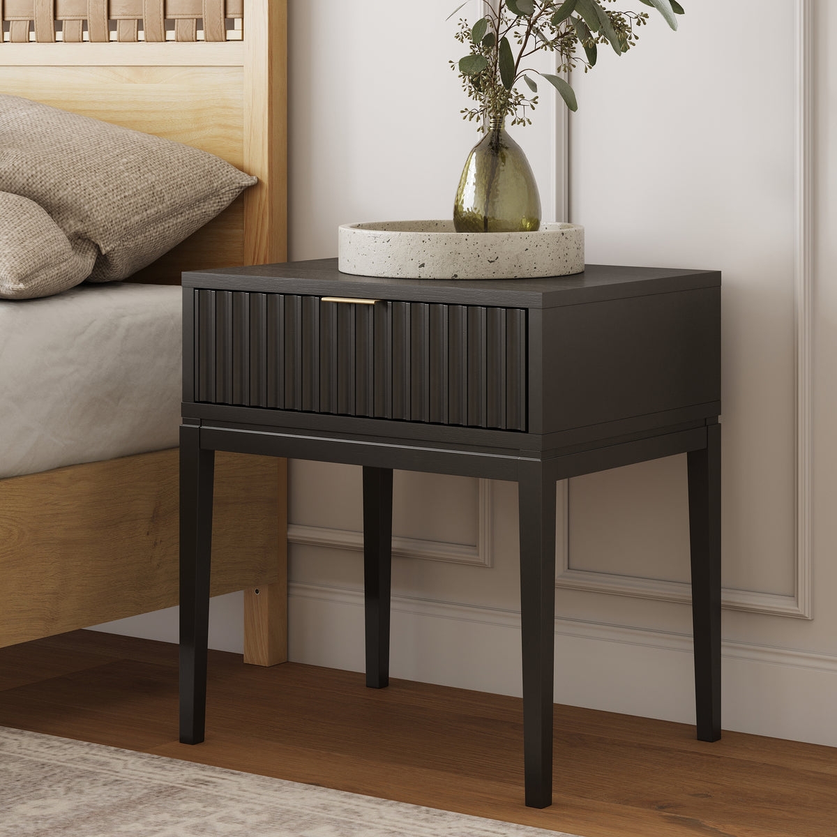 Black Oak Nightstand with Tapered Legs and Brass Pulls