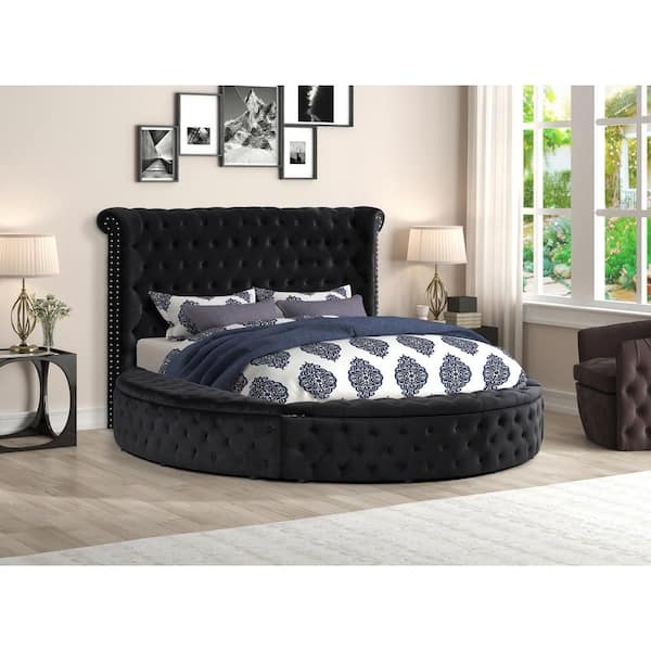 Black Velvet Round Platform Bed Diamond Tufted Winged Nailhead Trim
