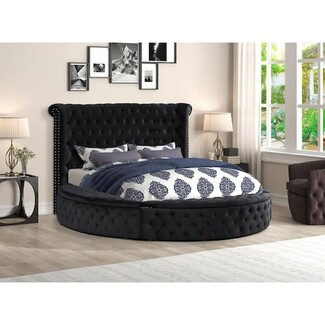 Black Velvet Round Platform Bed Diamond Tufted Winged Nailhead Trim