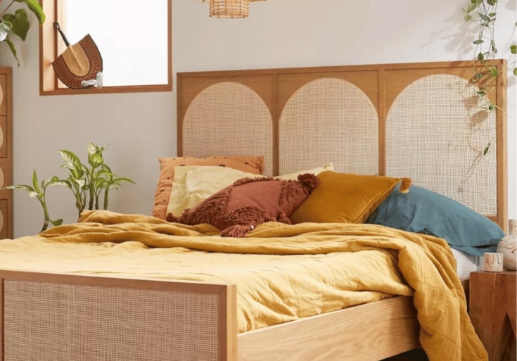 Boho Bed Frame: Triple Arched Cane Headboard Design