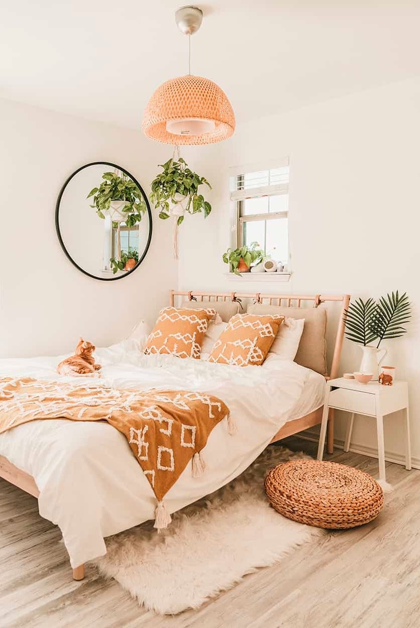 Boho Bedroom: Mustard Tasseled Bedding, Rattan Pendant