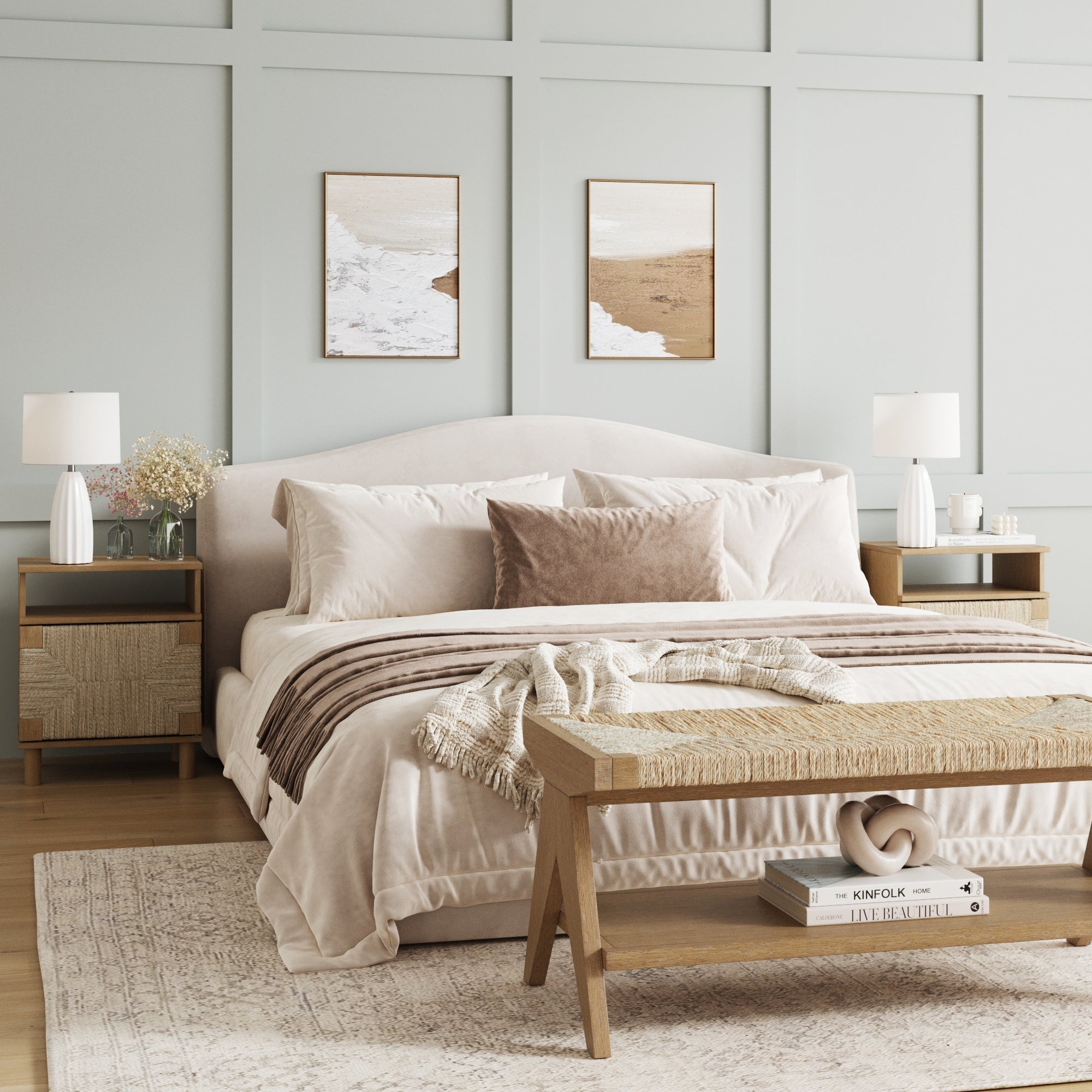 Boho Bedroom Set: Arched Headboard, Woven Seagrass Accents