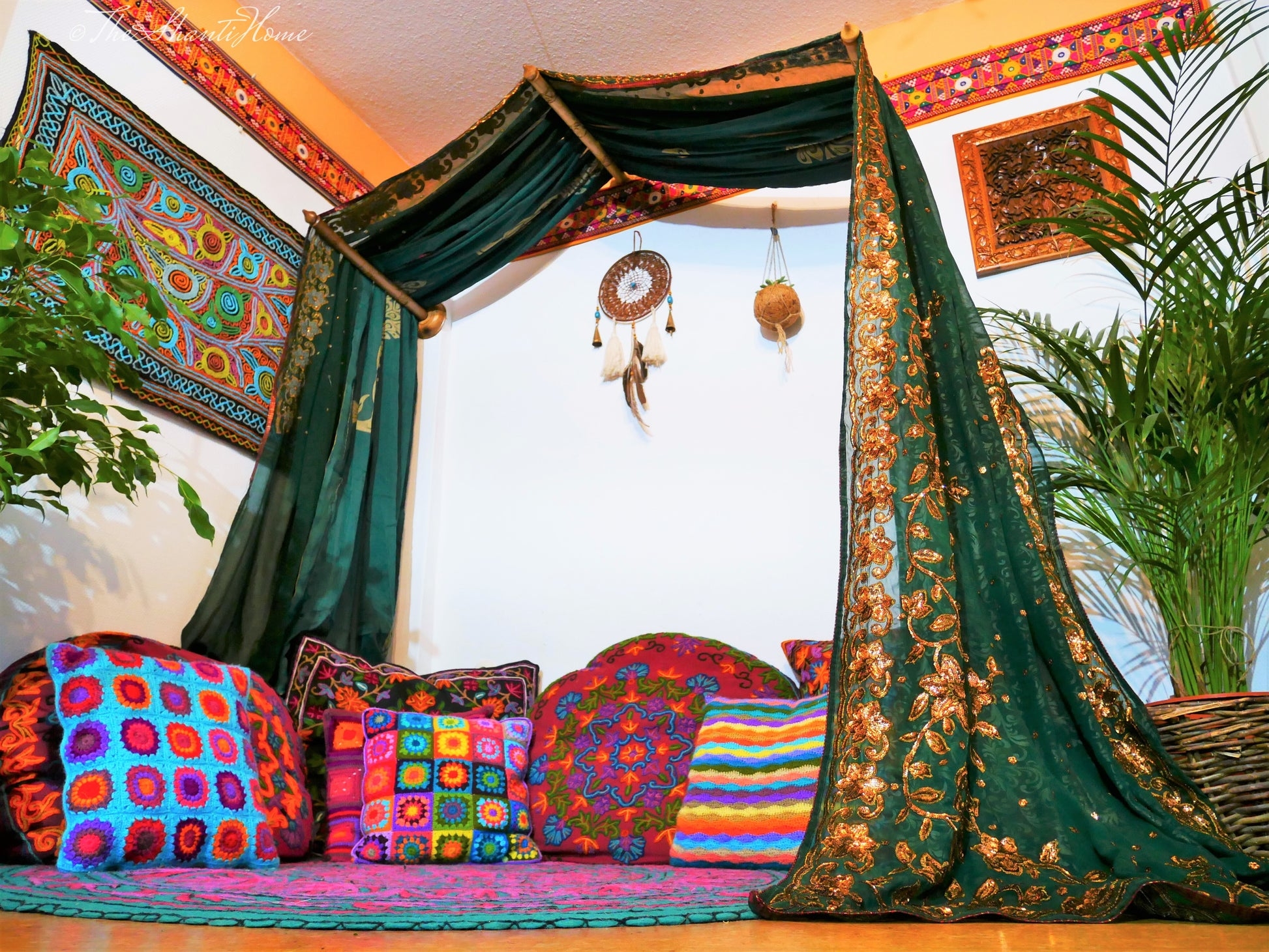 Boho Canopy Frame: Embroidered Saree, Walnut Wood Rods