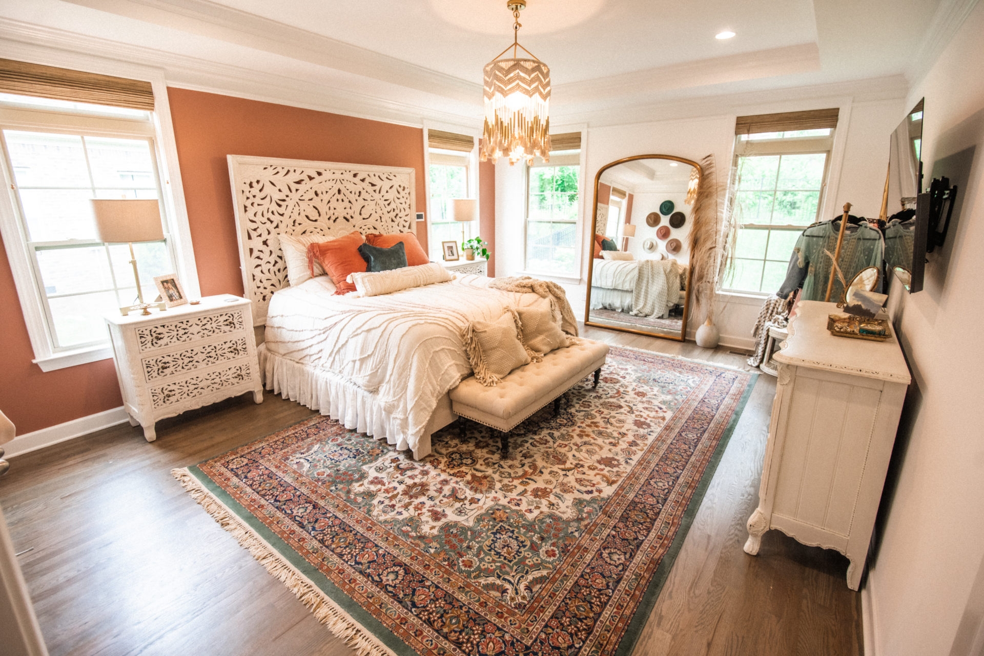 Boho Master Bedroom: Carved Headboard & Terracotta Wall