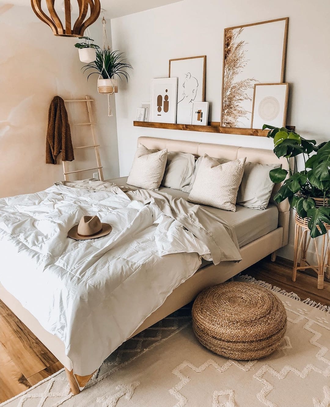 Boho Platform Bed: Picture Rail Shelf, Woven Jute Pouf