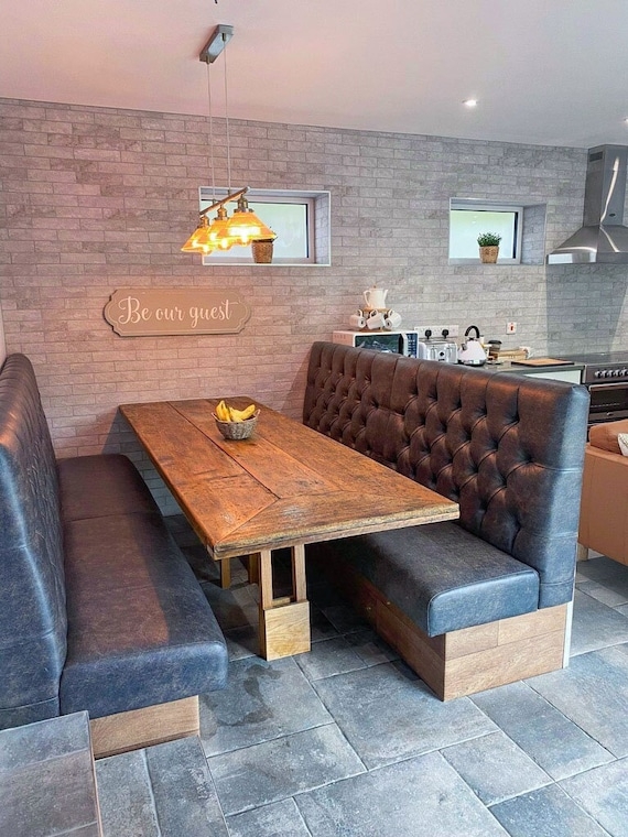 Booth Bench Seating: Charcoal Button Tufted Faux Leather