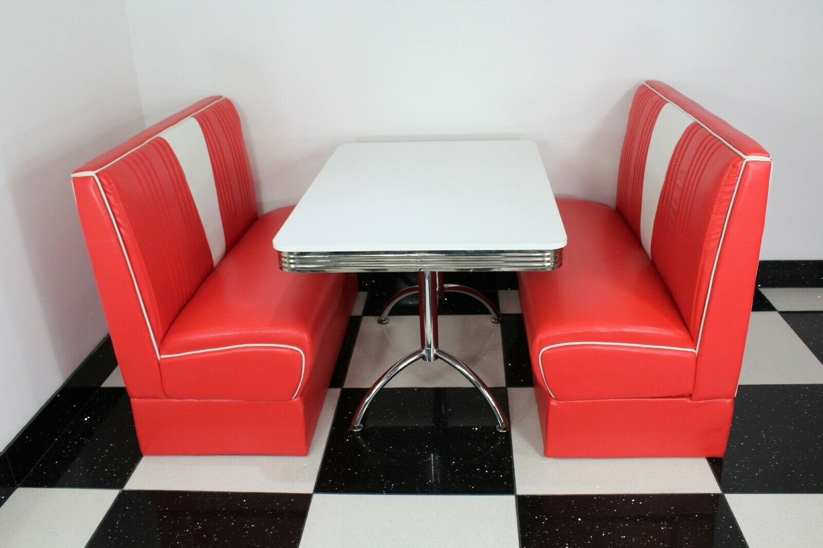 Booth Seating: Red with White Racing Stripe Chrome Edge