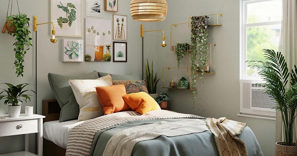 Botanical Boho Bedroom: Rattan Pendant, Gallery Wall