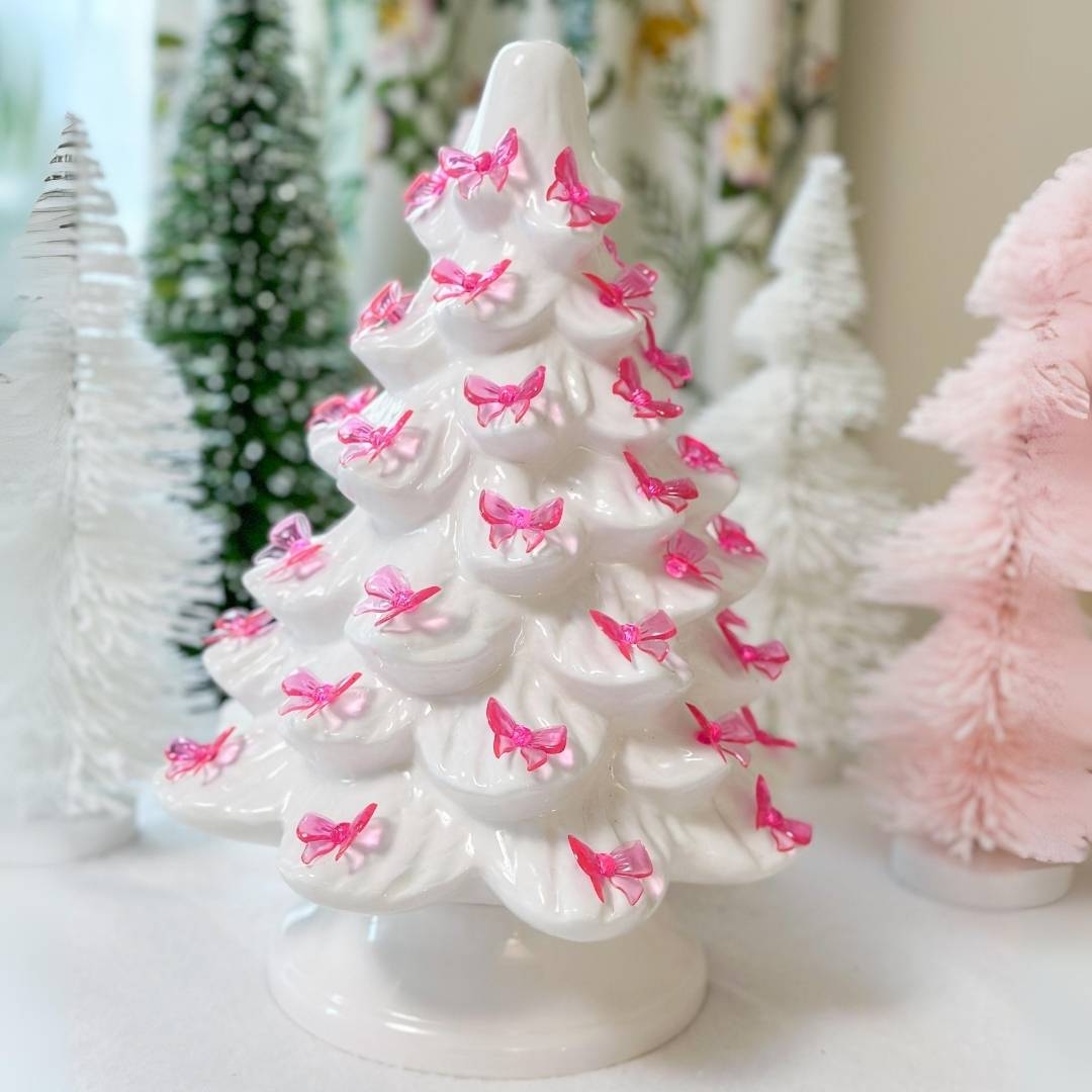 Bow-Lit Ceramic Christmas Tree Featuring Pink Bow Accents