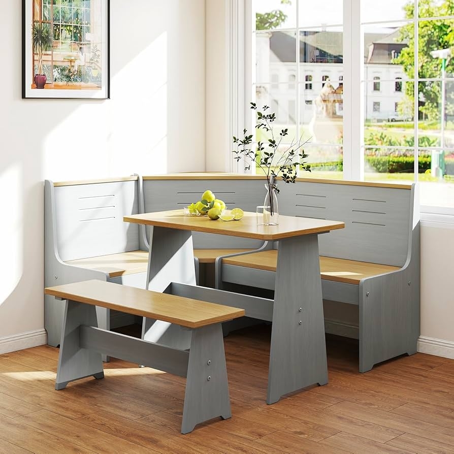 Breakfast Nook Set: Two-Tone Grey Oak Slat Back Design