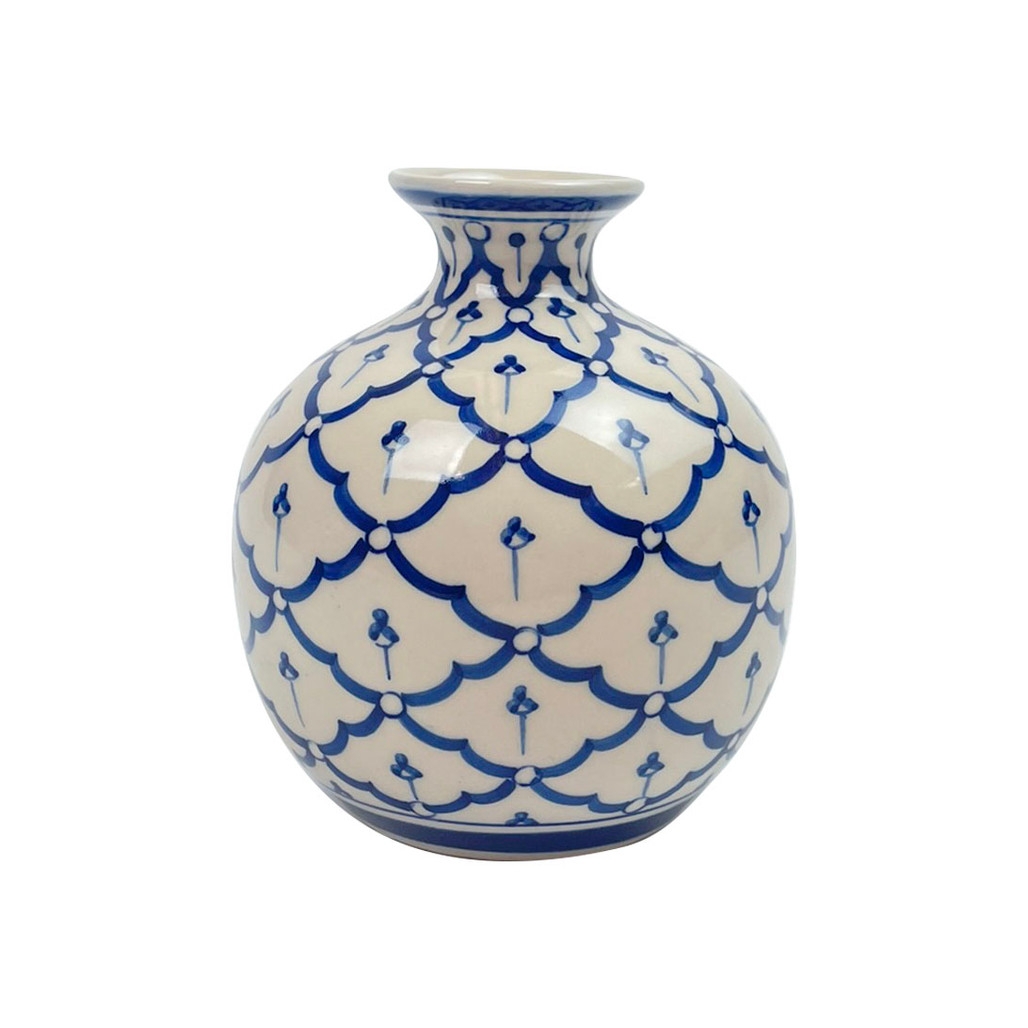Bubble Vase Scalloped Pattern Glossy Blue and White Porcelain