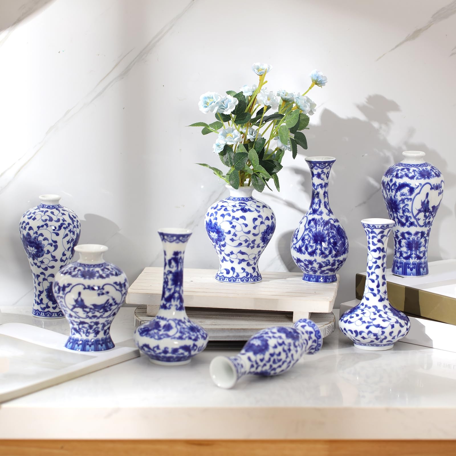Bud Vase Set Mini Scale Chinoiserie Motifs Shelf Decor
