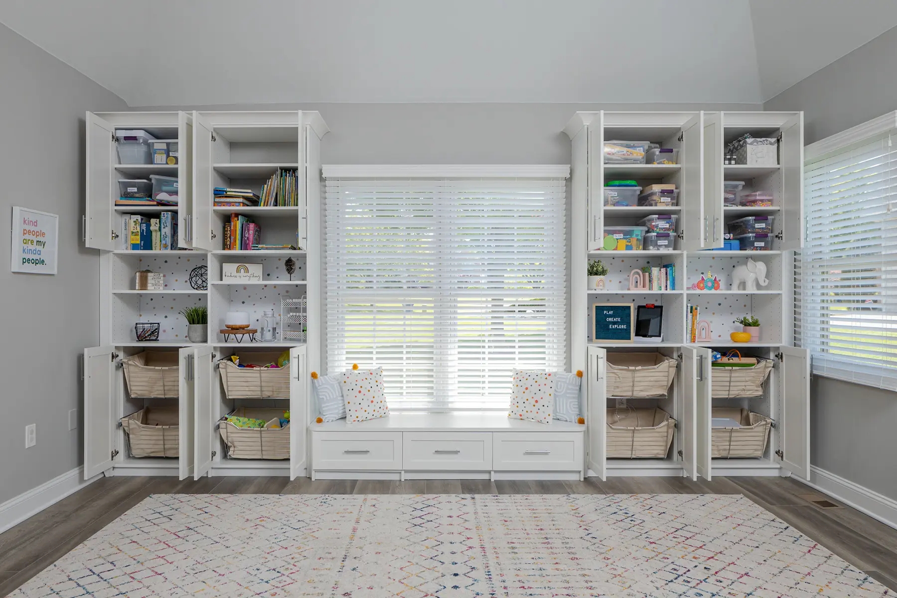 Built In Cabinetry Window Seat Bench Polka Dot Backing Custom Storage