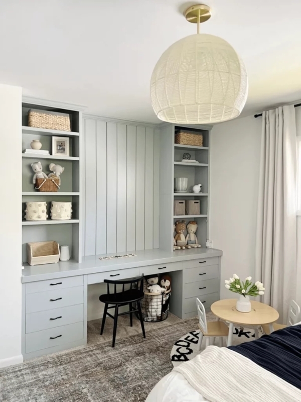 Built-In Desk Vertical Paneling Gray Built-In Desk Storage