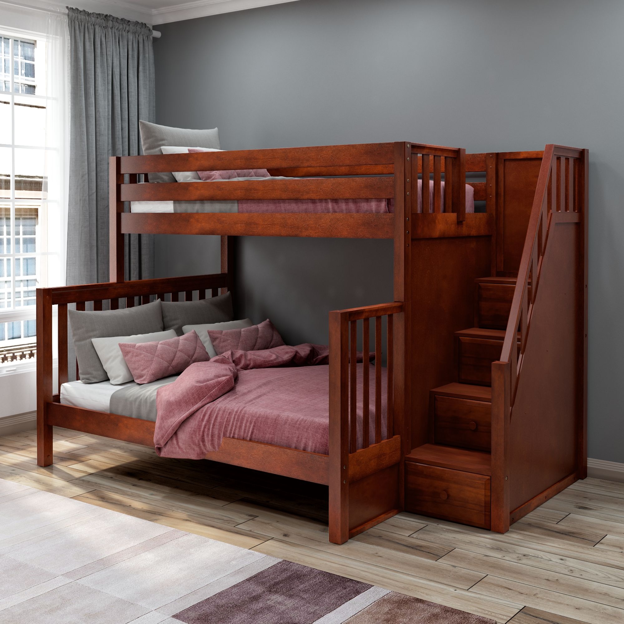 Bunk Bed: Chestnut Brown Twin XL over Queen with Staircase Storage