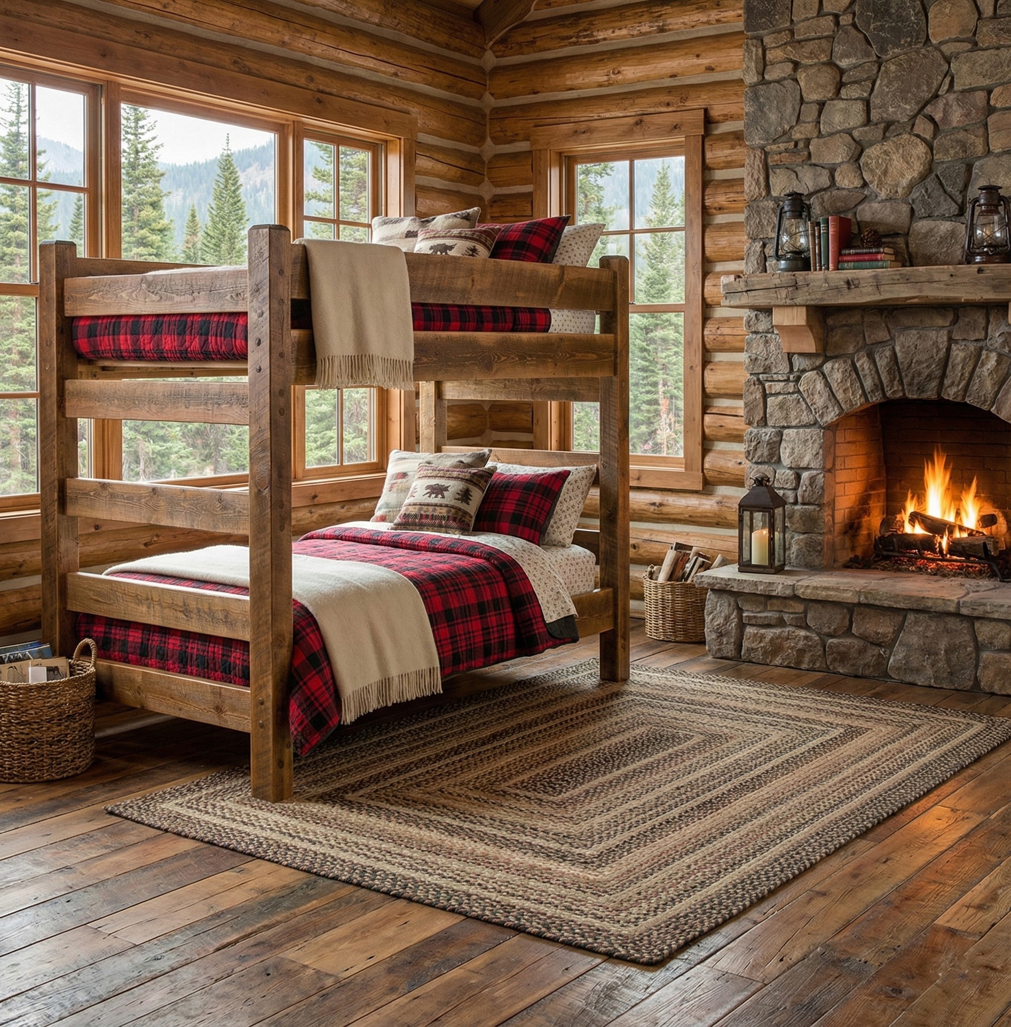 Bunk Bed: Heavy Timber Frame with Buffalo Check Cabin Bedding