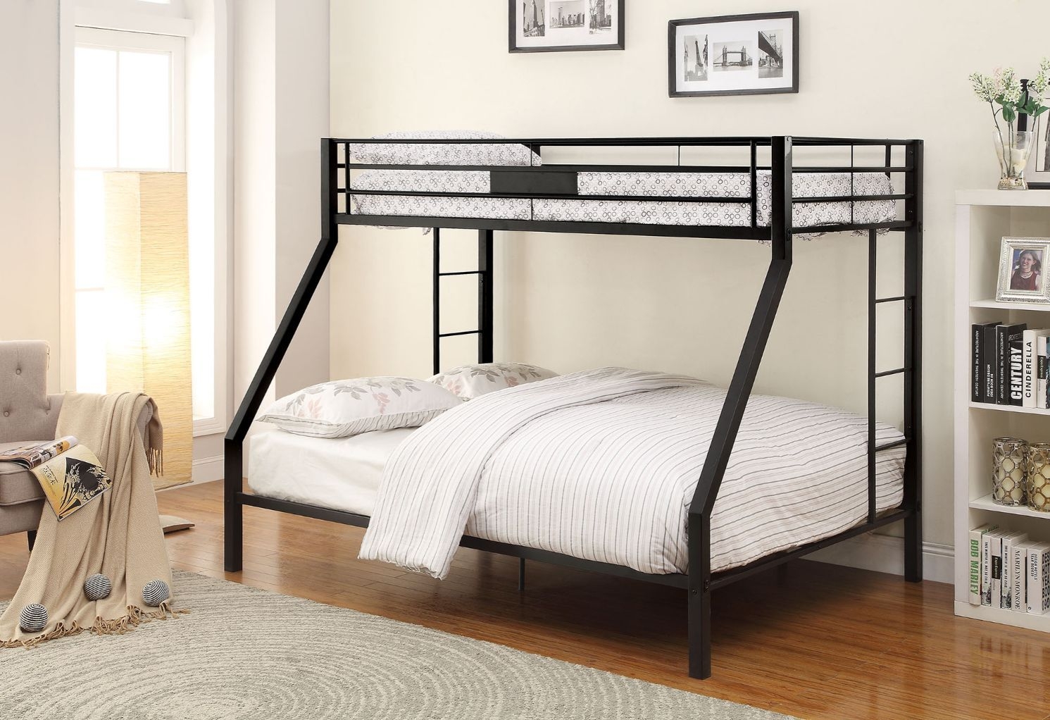 Bunk Bed: Industrial Matte Black Twin over Queen with Angled Supports