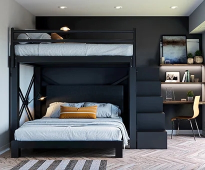 Bunk Bed: Matte Black Twin over Queen with Stairs and Desk