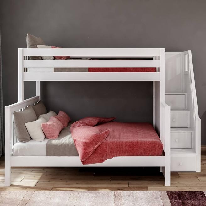 Bunk Bed: Matte White Twin XL over Queen with Staircase Drawers