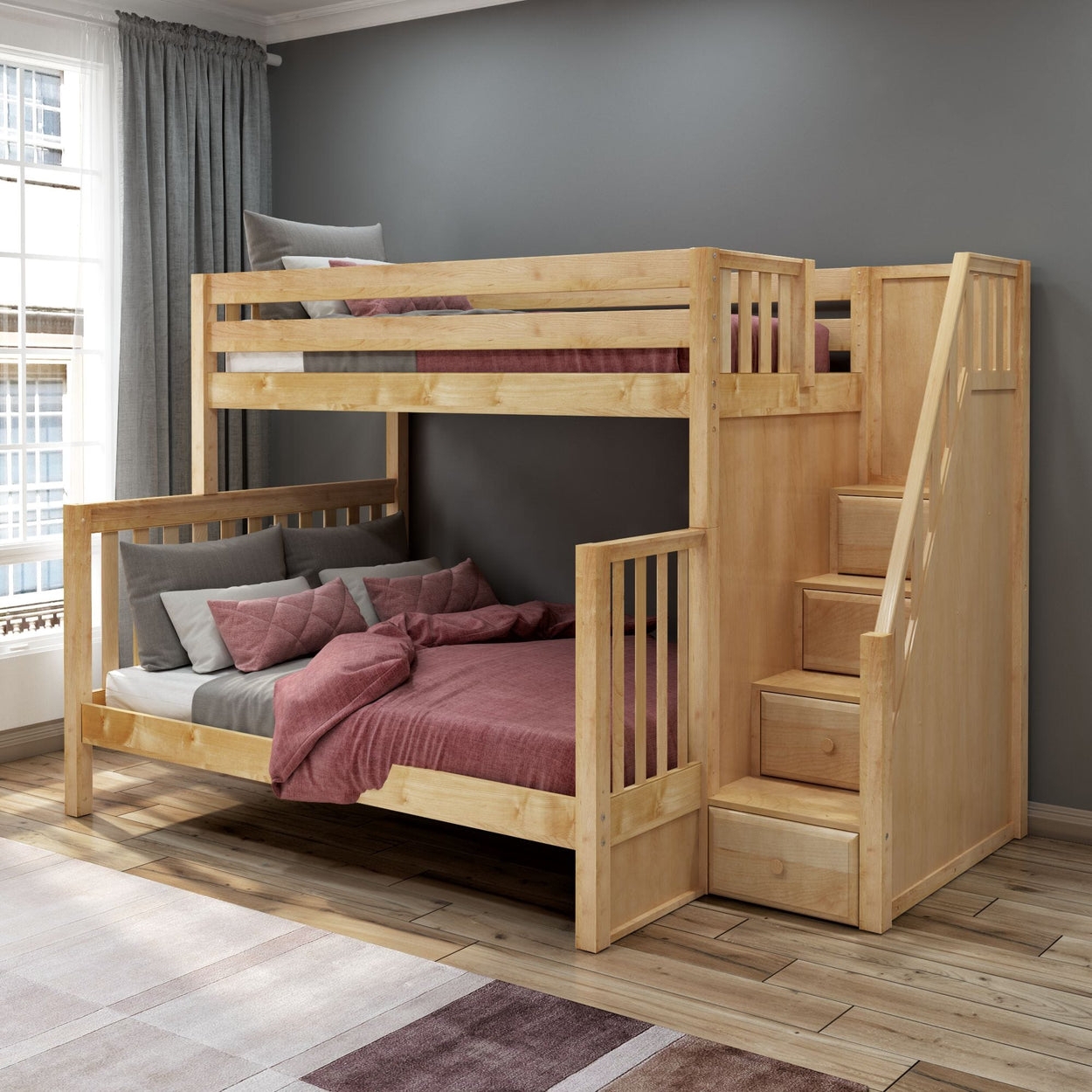 Bunk Bed: Natural Wood Twin XL over Queen with Storage Stairs