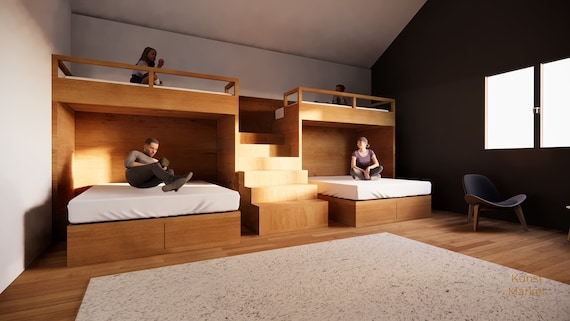 Bunk Bed System: Warm Honey Wood with Central Staircase Access