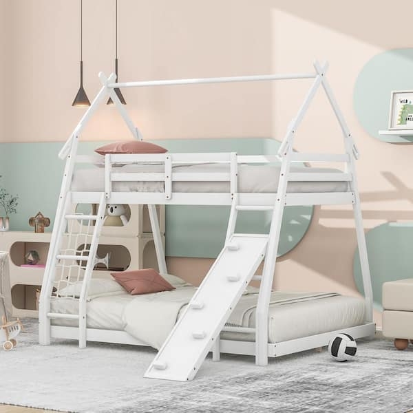 Bunk Bed: White House Frame with Climbing Net and Ramp