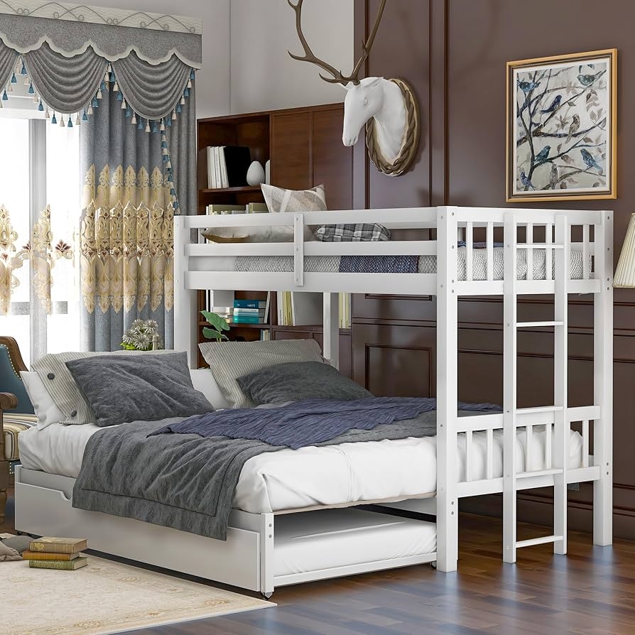 Bunk Bed White Wood Extendable Frame Triple Sleeper