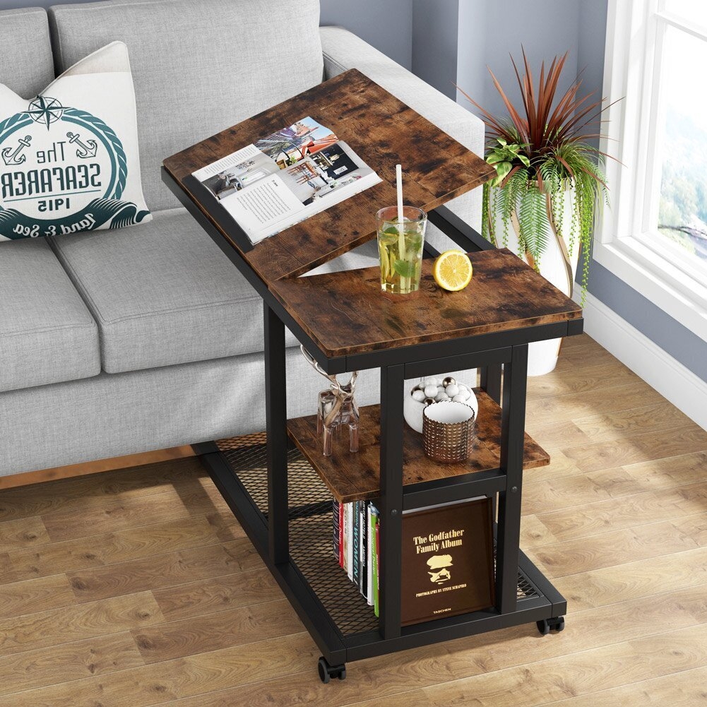 C Shaped Side Table with Tilt Top and Rolling Caster Wheels