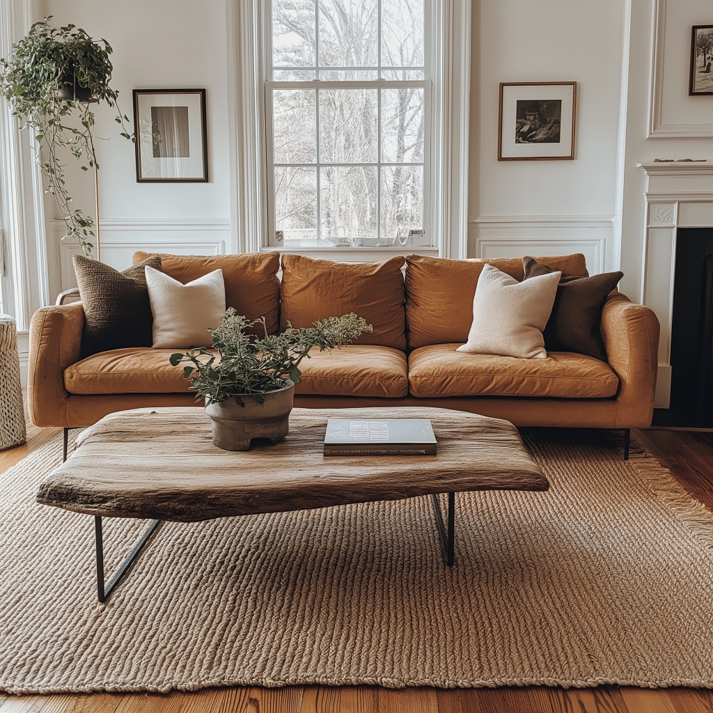 Camel Couch Live Edge Table Jute Rug Coordination