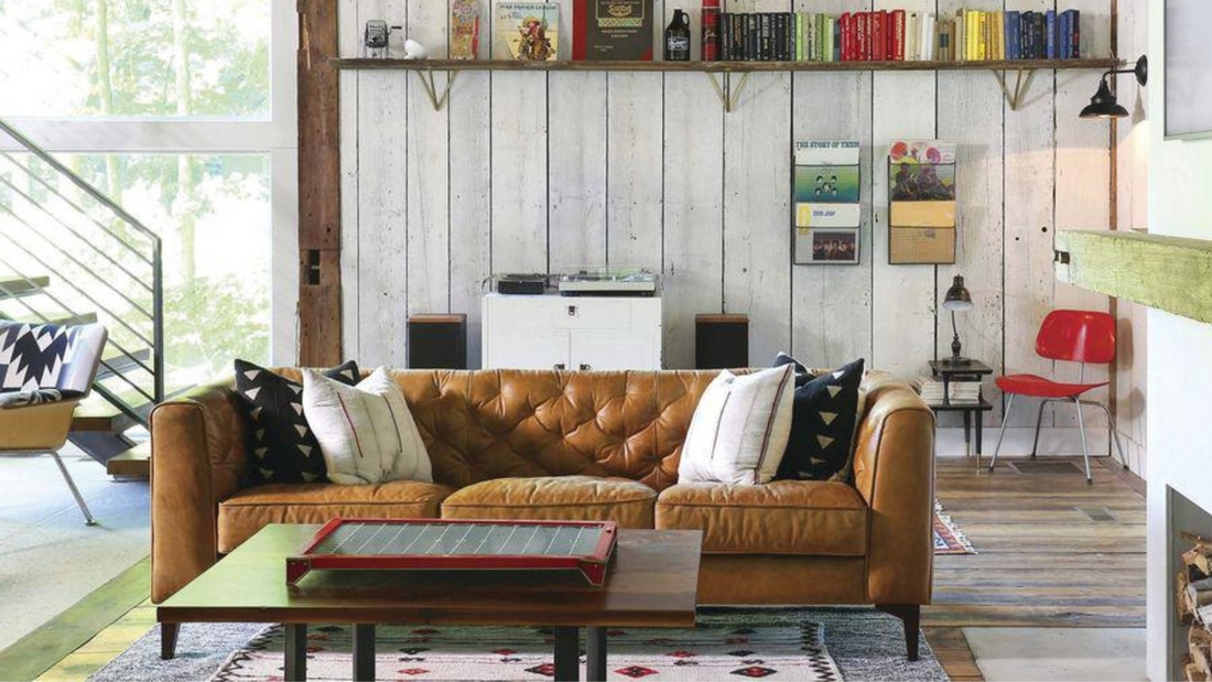 Camel Couch Whitewashed Wall Tufted Leather Styling