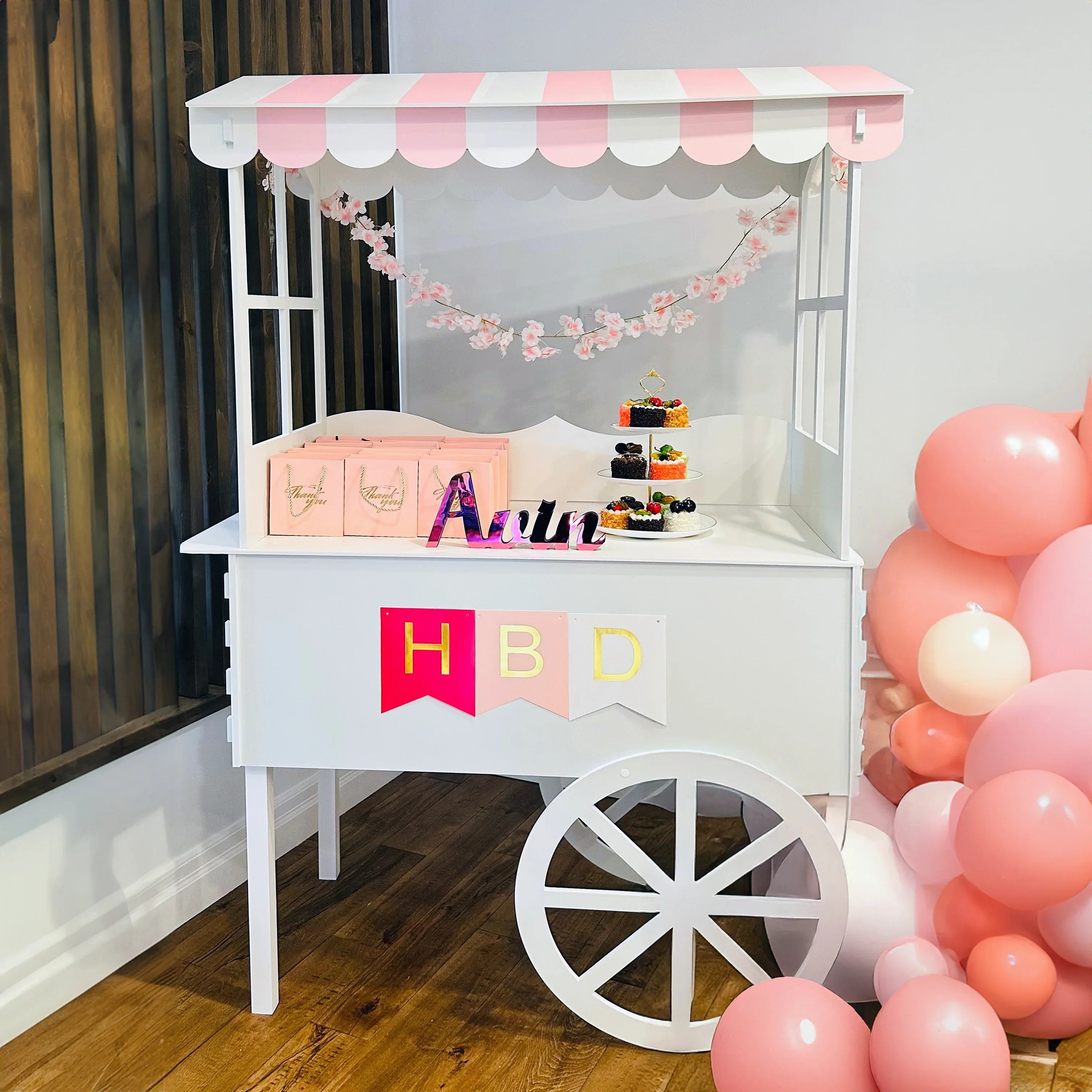 Candy Cart Striped Roof Birthday Dessert Trolley Setup