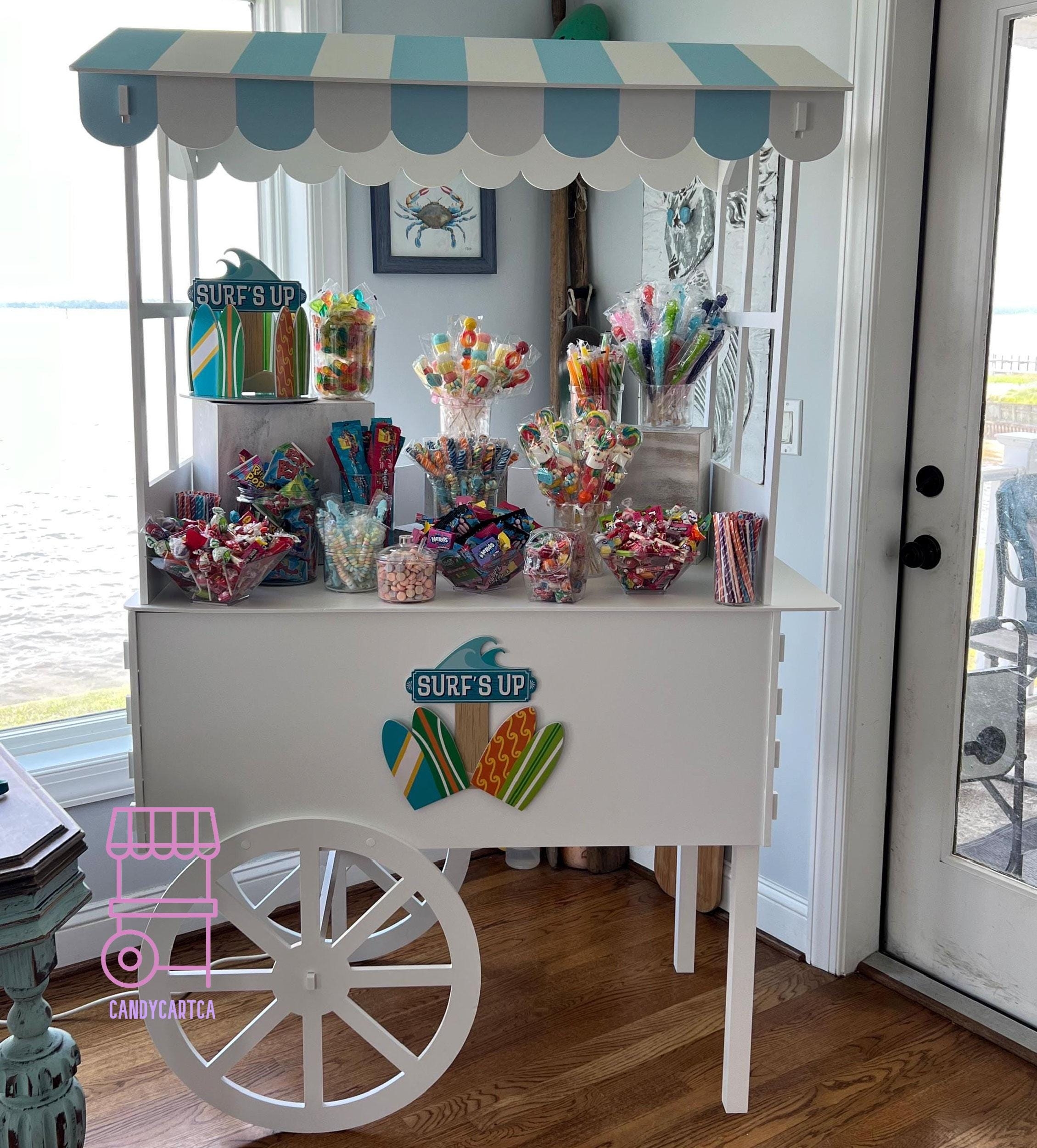 Candy Cart Surfboard Coastal Decor With PVC Scalloped Canopy