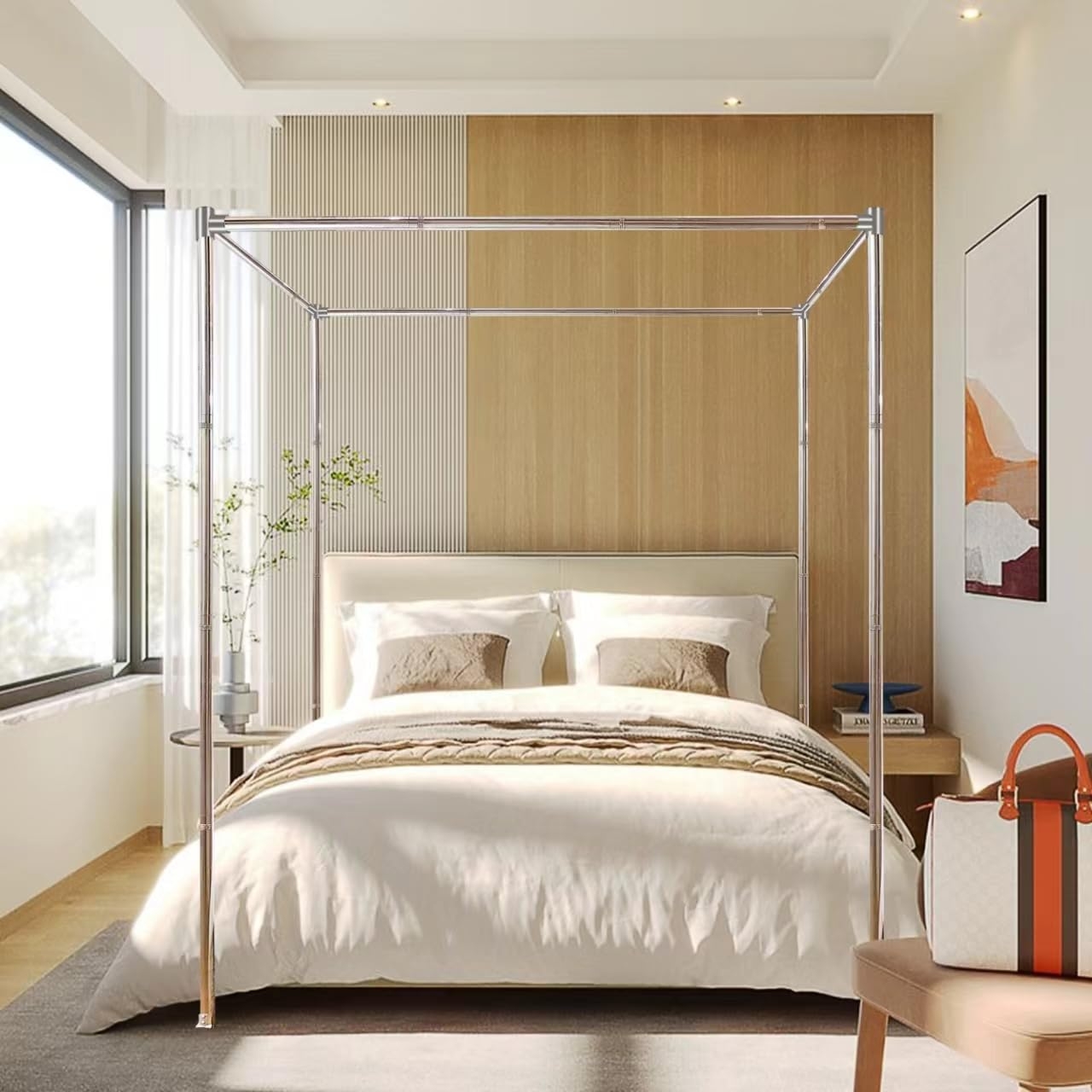 Canopy Bed Frame Minimalist Silver Stainless Steel