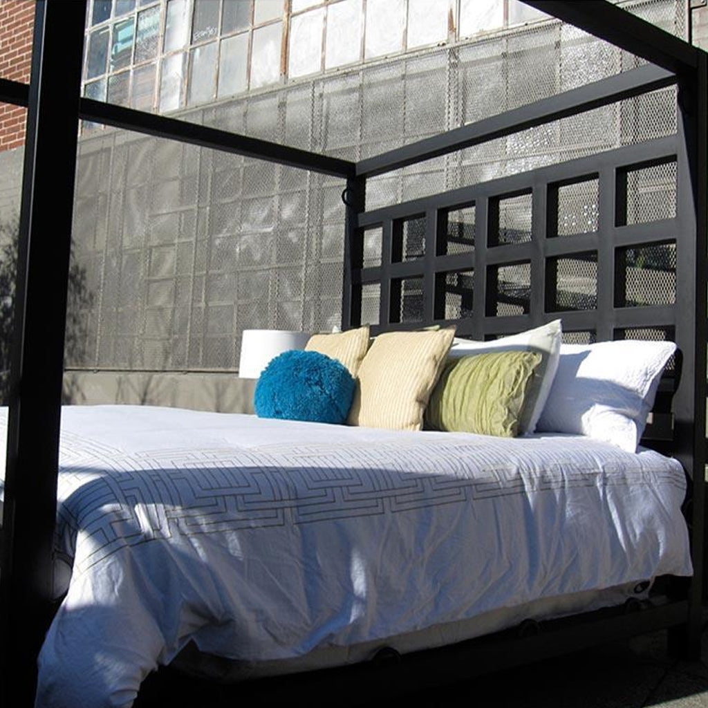 Canopy Bed: Grid Headboard Geometric Four Poster Bed