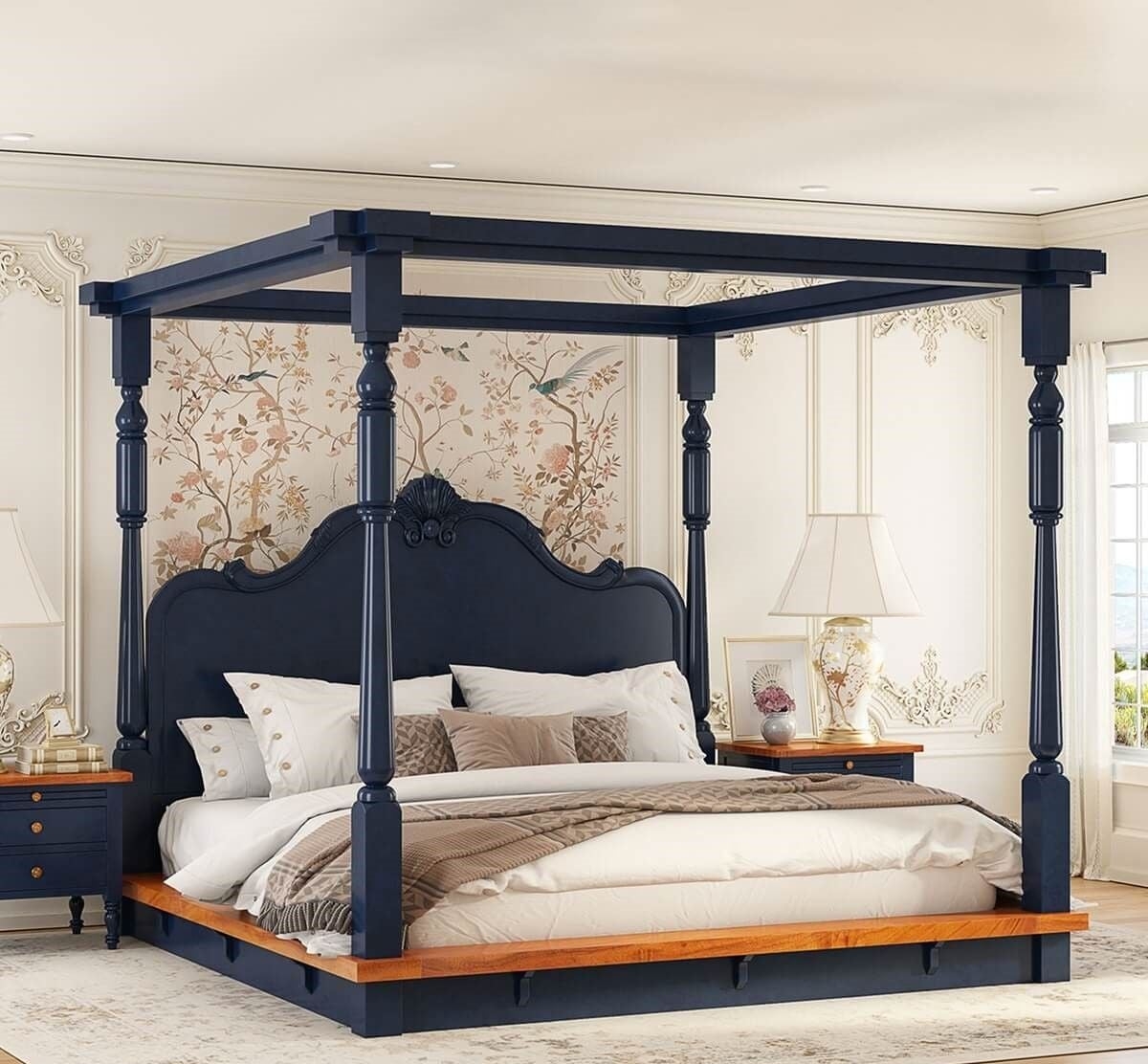 Canopy Bed Navy Blue Two-Tone Shell Motif Headboard