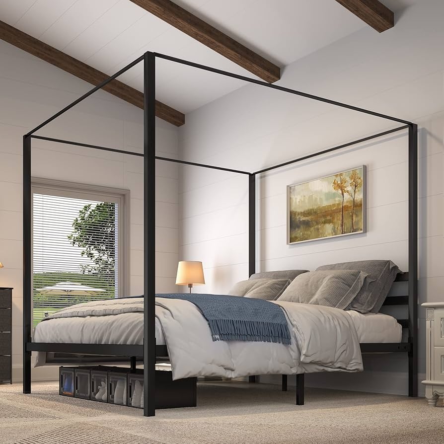 Canopy Bed with Metal Slats and Industrial King Frame